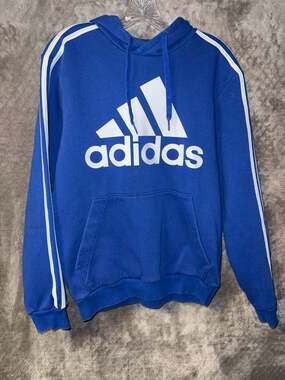 Adidas Blue White Logo 3-Stripe Pullover Hoodie Size Small